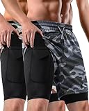 FIONECA 2 in 1 Mens Shorts Casual 2 Pack, Running Gym Shorts for Men 7 Inch, Workout Shorts Men with Pockets &Towel Loop -(Camouflage Gray&Green,L)