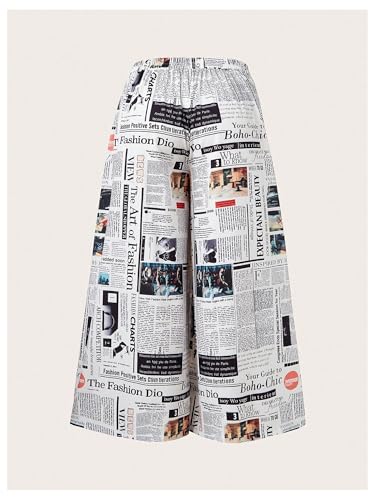 WDIRARA Women's Plus Size Newspaper Print Wide Leg Pants Elastic High Waisted Palazzo Pants with Pockets2