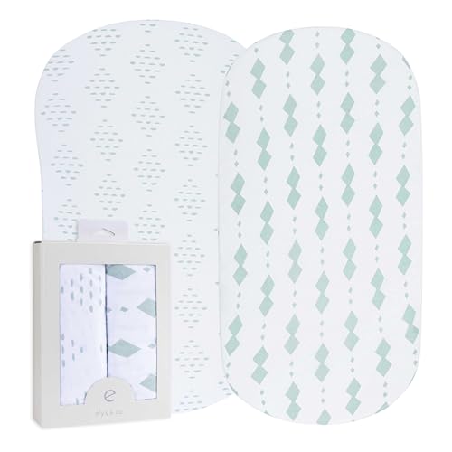 Image of Bassinet Sheets Fitted Cover - Flexible Fit 100% Soft Jersey Knit Cotton - Neutral Grey Sage Diamond - 2 Pack Set
