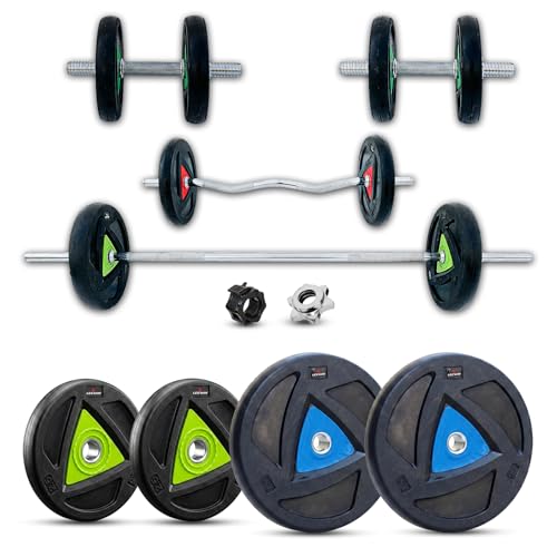Image of Leeway 40kg Combo | Home Gym Set for Men | Barbell Rod with Plates and Dumbbell Set | Rubber Weight Plates, 3 Ft Curl + 5 Ft Rod (28mm) | Gym Equipments Zym, Jim ka Saman (40kg Set (2.5X4+7.5X4))