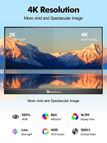 Magicraven 4K Portable Monitor, 16" 3840X2400 Ips Laptop Monitor, 1500:1, 400 Nits Screen Usb C Hdmi Computer Gaming Display With Speakers & Smart Cover, Travel Monitor For Pc Phone Ps5/4 Xbox Switch #TOP1