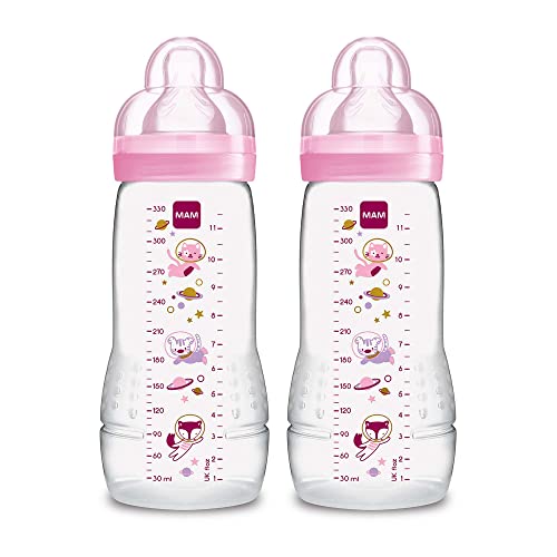 MAM Easy Active Baby Bottles 11oz, Fast Flow Skinsoft Silicone Nipple with Wide Neck Ergonomic Design, Easy to Hold, BPA-Free, Bottles with Leak-Proof Caps for 4+ Months Baby