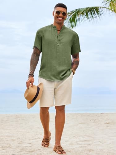 Image of Runcati Mens Casual Henley Shirt Short Sleeve Band Collar Textured Shirts Summer Beach Hippie T-Shirts