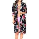 Auliné Collection Womens USA MADE Casual Cover Up Cape Gown Robe Cardigan Kimono, Kltslt1 - Tropical Floral - Black, X-Large