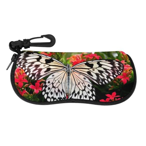 メガネケース メガネポーチ 白黒 蝶々 バタフライ 赤い花柄 ファスナー式 軽量 眼鏡ケース 小物入れ 柔らかい 防滴可能 擦り傷防止 フック付き 持ち運び便利 おしゃれ プレゼント
