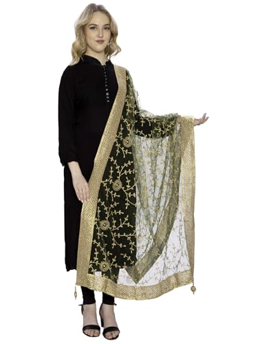 Image of ZEN APPAREL Women's Embroidered Net Dupatta with Lace Borders (Z-101) Premium Net Fabric Golden Aari Work