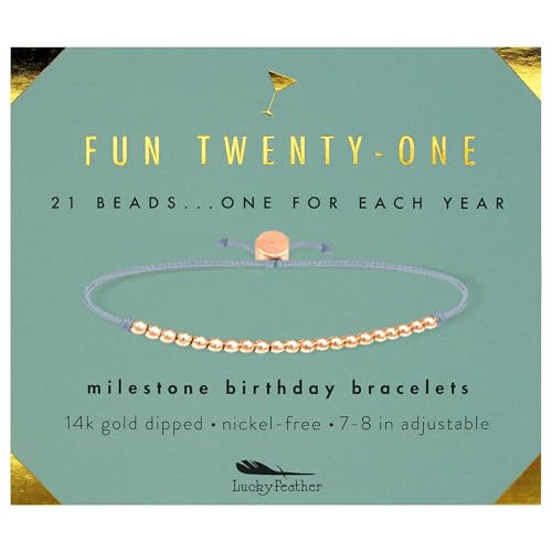 Lucky Feather 21st Birthday Gifts For Her | 21st Birthday Bracelet With 14k Dipped Beads Adjustable Cord Milestone Gift | Gifts For 21 Year Old Female | Birthday Gift Card For Girls | Trendy Gifts