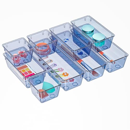 Image of WOWBOX 9 Pack Clear Drawer Organizer Set, Acrylic Drawer Storage Trays, Storage Bins for Makeup, Cosmetics, Jewelries, Utensils, Gadgets, Office, Dark Blue