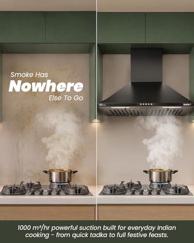 Image of Sujata Jade Chimney for Kitchen 60cm | 5 Years on Motor & 2 Years Comprehensive Warranty | 1000 m /hr High Air Suction, Wall Mount Dual Baffle Filter Kitchen Chimney, Push Control, LED Lights - Black