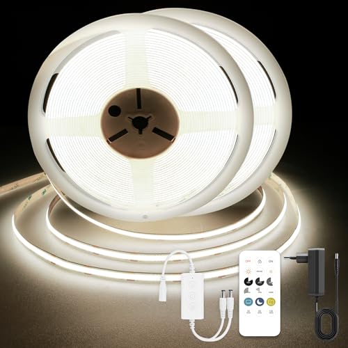 TTWAY Ruban LED COB 15M, Blanc Naturel 4000K Bande LED dimmable 24V, CRI93 +, largeur 8 mm, avec télécommande et alimentation, pour la décoration de la maison, cuisine, miroir. (2 x 7,5 mètres)