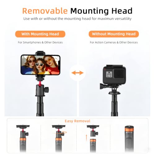 Jishane Action Camera Tripod with 360° Ball Head, 66.5'' Selfie Stick Tripod with iPhone Holder & Action Camera Adapter, Compatible with Smartphone, Gopro Hero 13/12, DJI Action 6/5 pro/5, Insta360 X5 — view 4