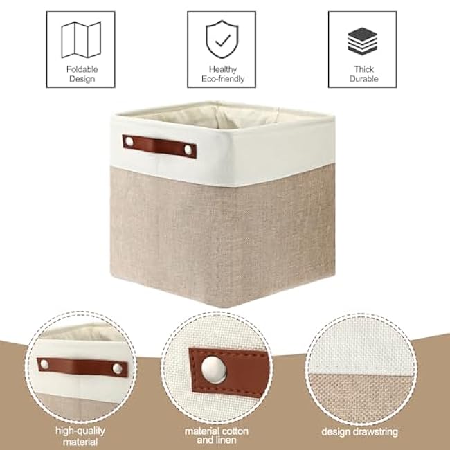 Uiifan 10 Pcs Collapsible Storage Bins Fabric Foldable Storage Basket with Handles Cloth Organizer Linen Shelf Baskets for Shelves Home Closet Nursery Toys(12 x 12 x 12 Inch,Beige and White)