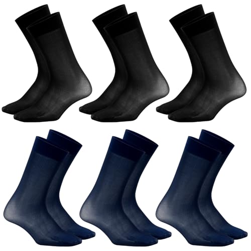HMIEPRS 6 Pairs Socks Mens, Male Thin Silk Dress Suit Socks, Men's Business Formal Wear Work Socks, Man Soft Nylon Calf Socks, Size 4-15 UK (Black+Navy Blue)