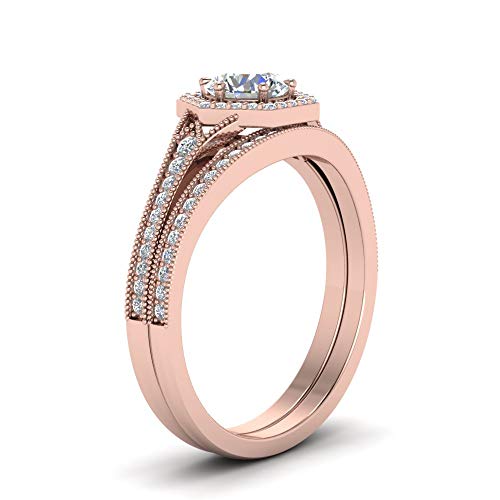 Image of Choose Your Gemstone Vintage Hexagon Halo Bridal Ring Set Rose Gold Plated Round Shape Wedding Ring Sets Matching Jewelry Wedding Jewelry Easy to Wear Gifts US Size 4 to 12