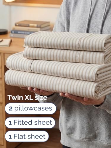 Image of Extra Deep Twin XL Sheet Set - 4 Piece Breathable & Cooling - Beige Stripes | Hotel Luxury Bed Sheets Set, Easy & Secure Fit, Ultra-Soft, Wrinkle & Fade Free, Comfy Sheets Set with Extra Deep Pockets