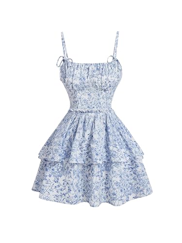 Women's Floral Print Knot Sleeveless Dress Ruched Tiered Layer Ruffle Hem Cami Dresses Boho Summer Mini Dress