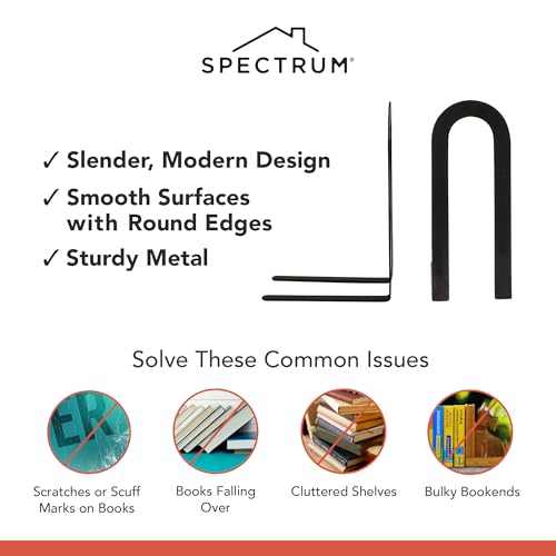 Image of Spectrum Elements Small Modern Bookends Decorative Bookshelf Organizer for Heavy & Light Books Records & More, Modern Metal Bookends with Minimalist Design Book Holder Organization, Black