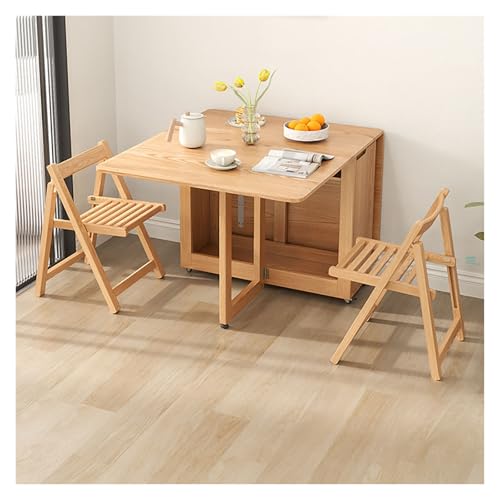 Juego de mesa de comedor plegable de roble de 55 pulgadas con sillas de almacenamiento ocultas, ideal para cocinas pequeñas y áreas de comedor, diseño compacto de hojas colgantes de madera