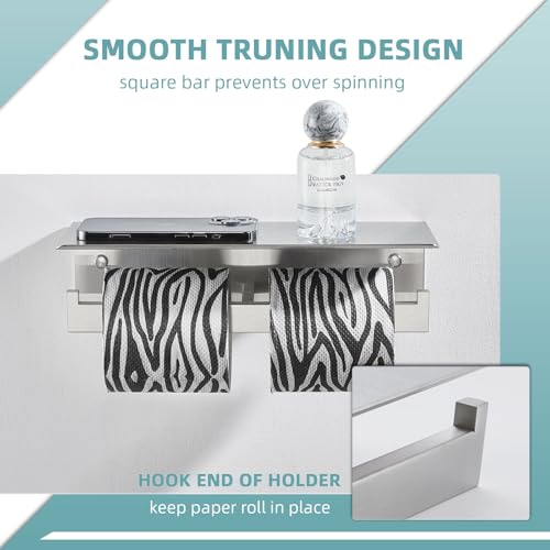 Image of Angle Simple Double Toilet Paper Holder with Shelf, Brushed Nickel | SUS304 Stainless Steel, 2 in 1 Tissue Roll Holder, Top Shelf for Phone Wet Wipes, Hold 2 Rolls for Backup, Screws Wall Mount