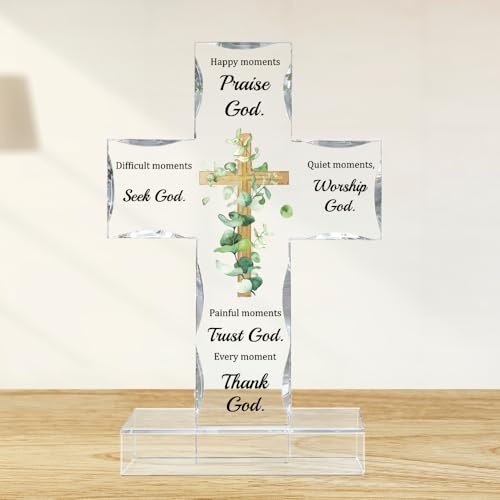 Cruz de acrílico cristiana de pie con base y diseño de eucalipto para decoración de mesa