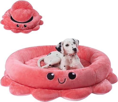 Jiupety Simpatico lettino calmante per cani di grossa taglia, cuscino per cani a forma di polpo, rosa, rosso, boho, rotondo, con cuscino rimovibile