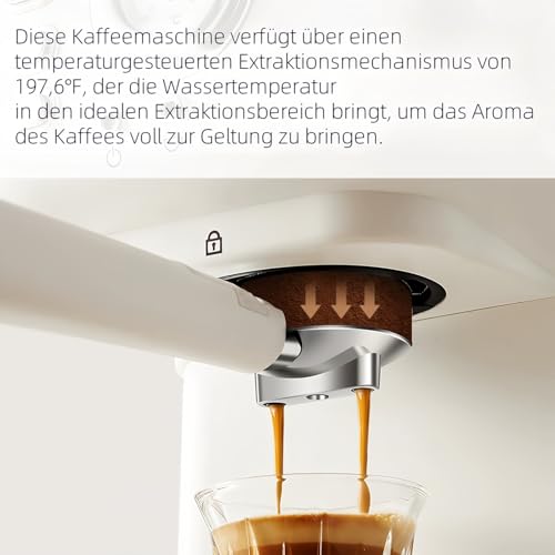 Kanbihao Espresso Siebträgermaschine Kaffeemaschine mit Milchaufschäumer, 1050W Halbautomatische Espressomaschine Kaffeeautomat für Mokka Latte Cappuccino Weiß – Bild 4