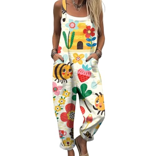 DOTBUY-SHOP Combinaison Femme Chic Élégante, Salopette Femme Ete Fluide Plage Salopette Décontractée Casual avec Poches Légère Respirante pour Été Fête (Fraise,Grand)
