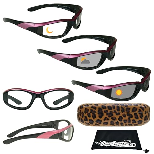 Bikershades Motorcycle Safety Transitional Photochromic Day Night Sunglass Women Black Pink Frame
