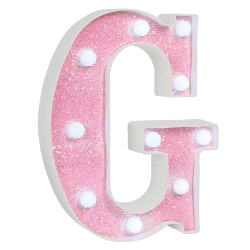 Image of Pink Glitter Marquee Light Up Letters, Battery Operated LED Letter Lights Signs for Pink Birthday Party Table Decorations, Wall Decor for Girls Bedroom, Initial Letter G with Cool White Lights