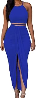Women's Sexy 2 Piece Skirt Sets Elegant Bodycon Maxi Dress Sleeveless Tank Shirt Tops High Waist Ruched Slit Long Dress