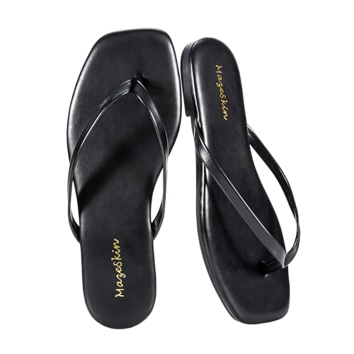 mazeskin Womens Flip Flops Memory Foam Square Toe Flat Sandals Vegan Leather Summer Beach Slides All Black US8