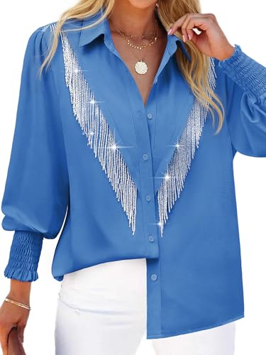 MYMORE Womens Rhinestone Fringe Shirt Top Nashville Country Western Cowgirl Outfit Shiny Diamond Tassel Puff Long Sleeve Button Up Shirts Top Dolly Costume Parton Club Outfit Clothing Blue S
