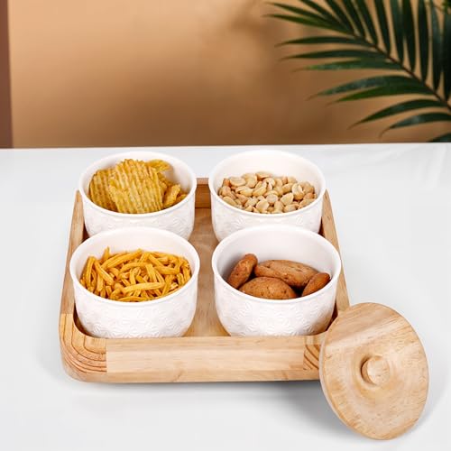 Image of mzon Airtight Ceramic Storage Jars With Rubber Wood Revolving Tray | Bone-Ash Free | Home, Kitchen Table Decor | Wooden Lid | Dry Fruits, Snacks, Spices | Made in India - Set of 4 (250 ml)