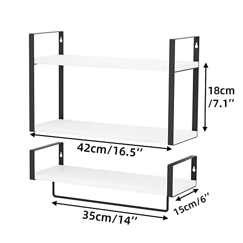 Zgo 2+1 Tier Floating Shelves Wall Mounted Set Of 2, Rustic Wood Wall Shelves With Metal Frame Tissue Rack And Towel Bar For Bedroom, Bathroom, Living Room, Kitchen, Storage & Decoration, White #TOP2