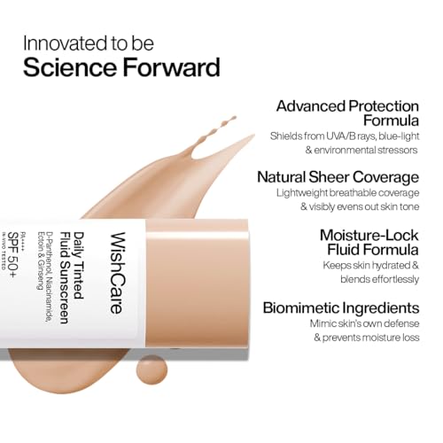 Image of WishCare Daily Fluid Tinted Sunscreen SPF50 PA++++| M203 | Broad Spectrum Protection for all skin types | In-Vivo Tested Tinted Sun Screen | D-Panthenol, Niacinamide, Ectoin & Ginseng | Evens & Protects | 50ml