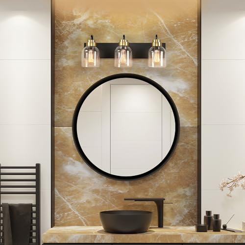 Image of Globe Electric 22 inch 3-Light Matte Black Vanity Light with Matte Brass Accents and Glass Shades