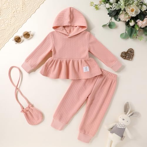 Happy Town Toddler Baby Girl Clothes Ribbed Knit Long Sleeve Hoodie Shirt Solid Pants Set with Bag Fall Winter Outfit2