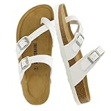CUSHIONAIRE Luna Crossover Toe Strap Womens Sandals – Cork Footbed Slides with Adjustable Straps, Summer Sandals for Women 2025, WHITE 8.5
