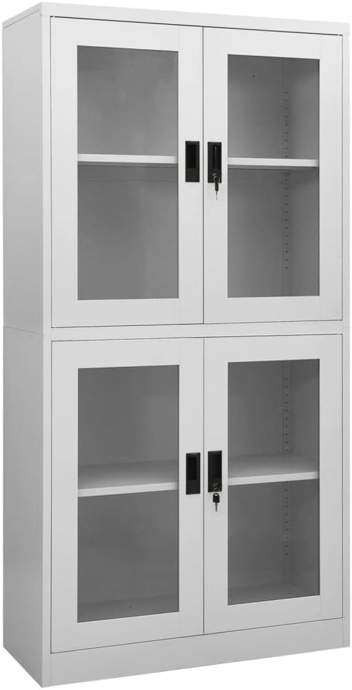 vidaXL Gray Office Cabinet - Steel and Tempered Glass- Scandinavian Style, Lockable with Adjustable Shelves, 35.4"x15.7"x70.9"