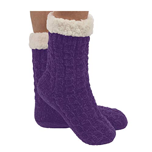 Snoozies Womens Sherpa Socks | Womens Chenille Cable Sherpa Lined Socks | Warm Soft Cozy Fuzzy Fleece | Sherpa Socks for Women | Fits US Womens Shoe Sizes 5-10 | Purple