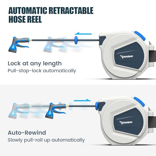 Retractable Garden Hose Reel, 1/2\"x100ft Hose Reel Wall Mount, Water Hose Reel UV-Stabilized Kink-Free Hose, Easy Lock/Slow Retraction, 9 Pattern Spray Nozzle for Backyard, Garden & Outdoor - Thumbnail 7