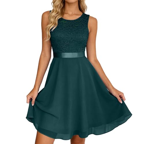 Robe de cocktail en dentelle sans manches unie - Robe de soirée rétro et cintrée pour femme