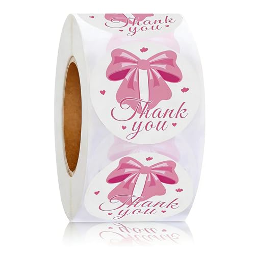 500Pcs Pink Bow Thank You Stickers Holographic Cute Bow Knot Heart Paper Label Decals 2.5 Inch Letter Stickers Labels Self Adhesive Thank You Seal Sticker for Envelope Small Business Party Supplies