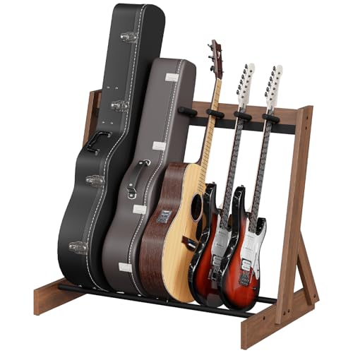 MAHANCRIS Guitar Stand, Hardwood Guitar Rack for Multiple Instruments, Multi-Guitar Storage for 3 Acoustic, 5-6 Electric or Bass, Wooden Floor Acoustic Stand, Instrument Rack Holder, for Home Music Studio, Walnut and Black GSHA7501