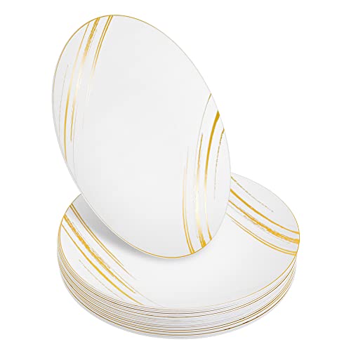 STACKABLES ~ Lot de 20 assiettes en plastique rigide ~ 22,9 cm Assiettes blanches avec motif doré ~ Ensemble de vaisselle de fête léger flexible réutilisable