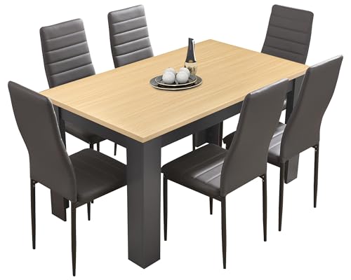 Dining Table and Chairs Set 6, Dining Room Chairs and 18mm Thick Table Top 140 x 80 cm Long Wooden Dining Table Modern Design Dining Table Set for Home Kitchen Furniture