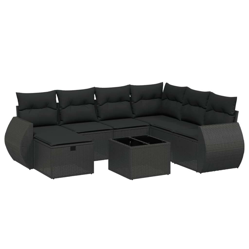 Conjunto de sofás de jardín, muebles modulares con mesa de vidrio templado, ratán PE y acero, esquinero negro para terraza o patio