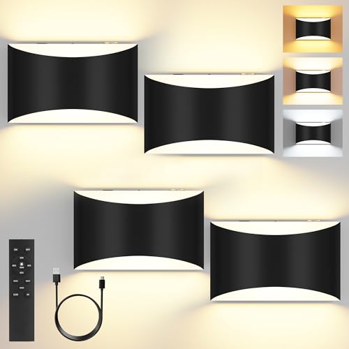 Image of FOLKSMATE Battery Operated Wall Sconces Set of 4, Rechargeable Remote & Touch Control Wall Lamps, 3 Color Temperatures, Cordless Dimmable Lamp for Bedroom, Living Room, Hallway