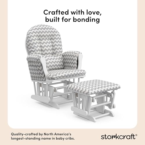 Image of Storkcraft Premium Hoop Glider & Ottoman (White /Gray Chevron) - GREENGUARD Gold Certified Nursery Glider, Solid Wood Craftsmanship, Smooth-Gliding Nursery Chair and Ottoman, Award-Winning