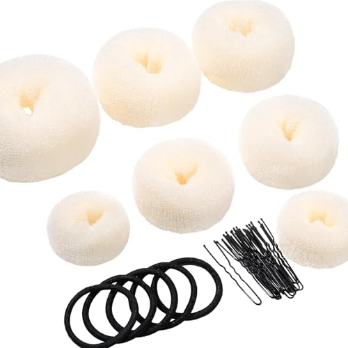 Teenitor Hair Bun Maker Set - 7 Hair Donut for Buns (1 Extra-Large, 2 Large, 2 Medium, 2 Small), 5 Elastic Bands, 20 Hair Pins, Cream White Color